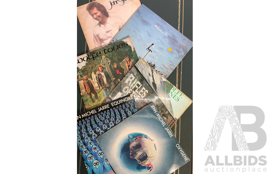 Collection Of6 Vintage LP Records - Including Jean Michel Jarre ''Oxygene, Equinoxe'', Wolfe Tones ''Rifles of The I.R.A., Till Ireland a Nation'', Cluster and Brian Eno ''Cluster & Eno'' and John Stewart ''Bombs Away Dream Babies''