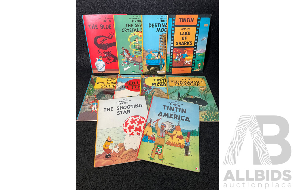 Collection of 10 The Adventure of Tintin Comic Books by Herge - Vintage Paperback Edition