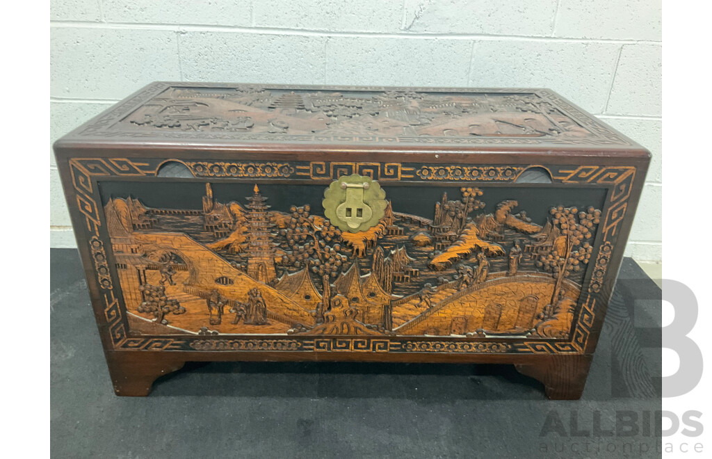 Large Antique Chinese Carved and Inlaid Wooden Chest
