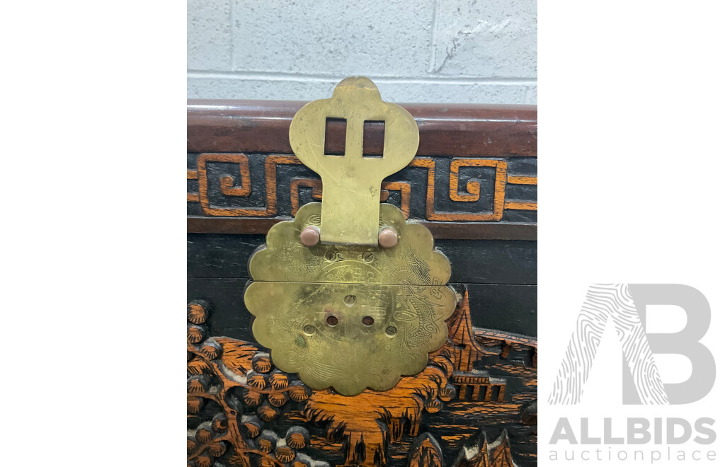 Large Antique Chinese Carved and Inlaid Wooden Chest