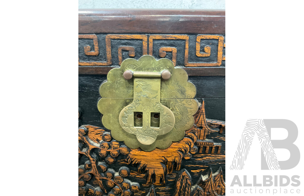 Large Antique Chinese Carved and Inlaid Wooden Chest