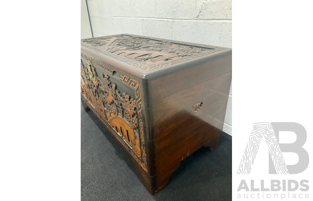 Large Antique Chinese Carved and Inlaid Wooden Chest