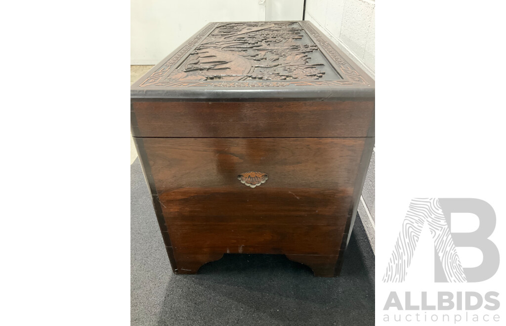 Large Antique Chinese Carved and Inlaid Wooden Chest