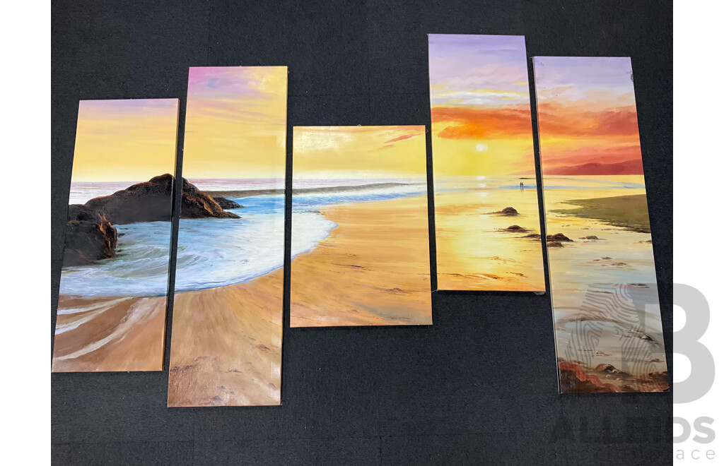 Artist Unknown - Five Irregular Panel Beach Sunset Scene (Pentaptych) - Acrylic on Canvas