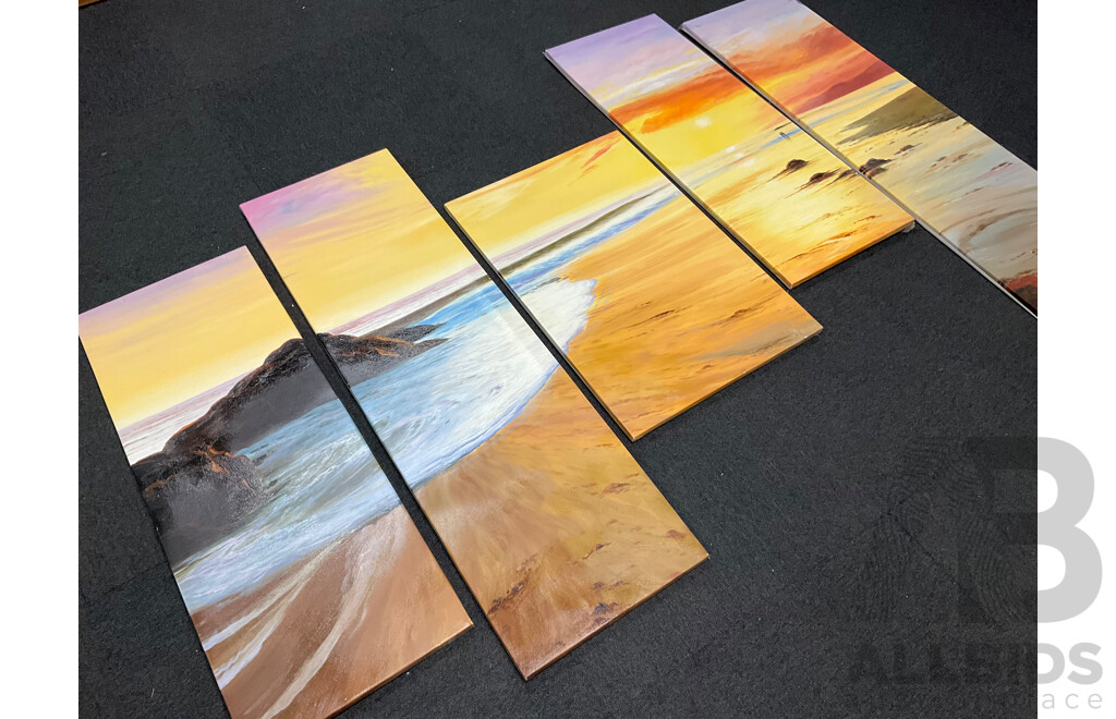 Artist Unknown - Five Irregular Panel Beach Sunset Scene (Pentaptych) - Acrylic on Canvas
