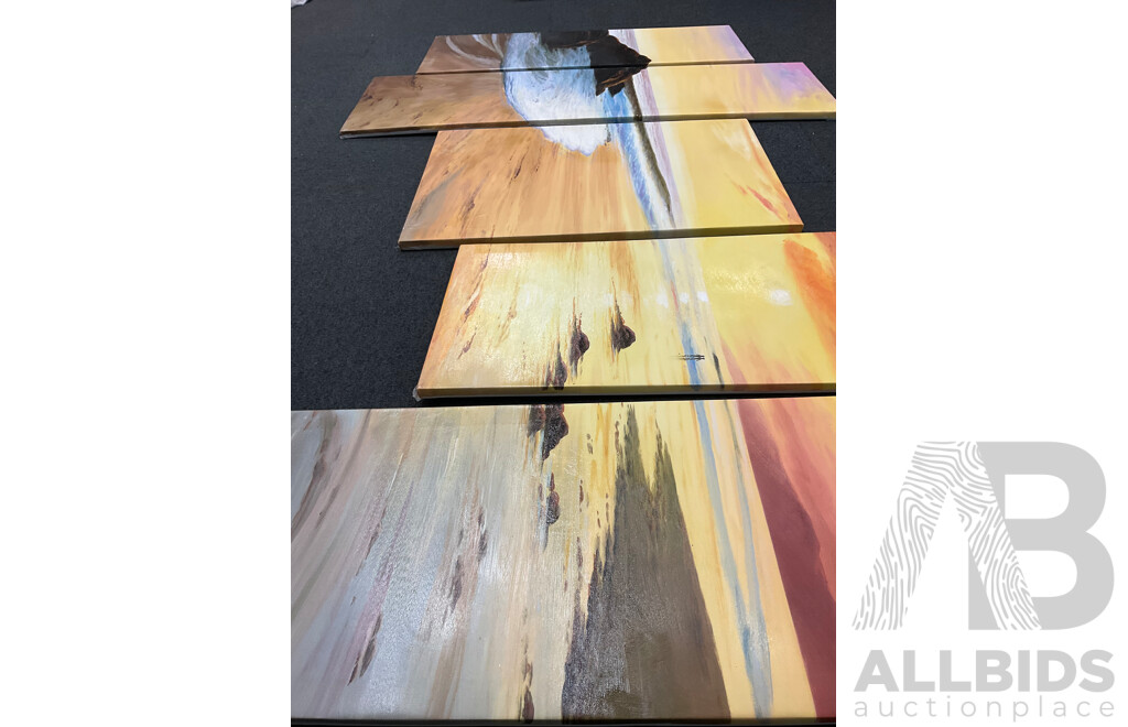 Artist Unknown - Five Irregular Panel Beach Sunset Scene (Pentaptych) - Acrylic on Canvas