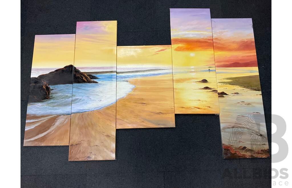 Artist Unknown - Five Irregular Panel Beach Sunset Scene (Pentaptych) - Acrylic on Canvas