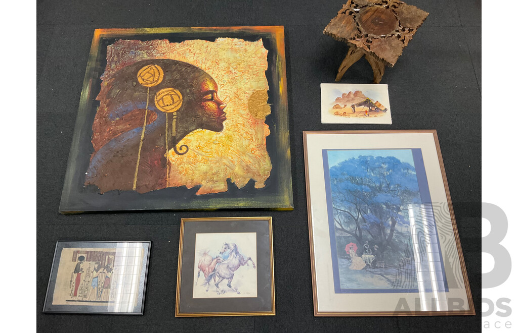 Large Mixed Media Acrylic Profile Together with Carved Side Table, Handpainted Egyptian Style Papyrus and Other Prints