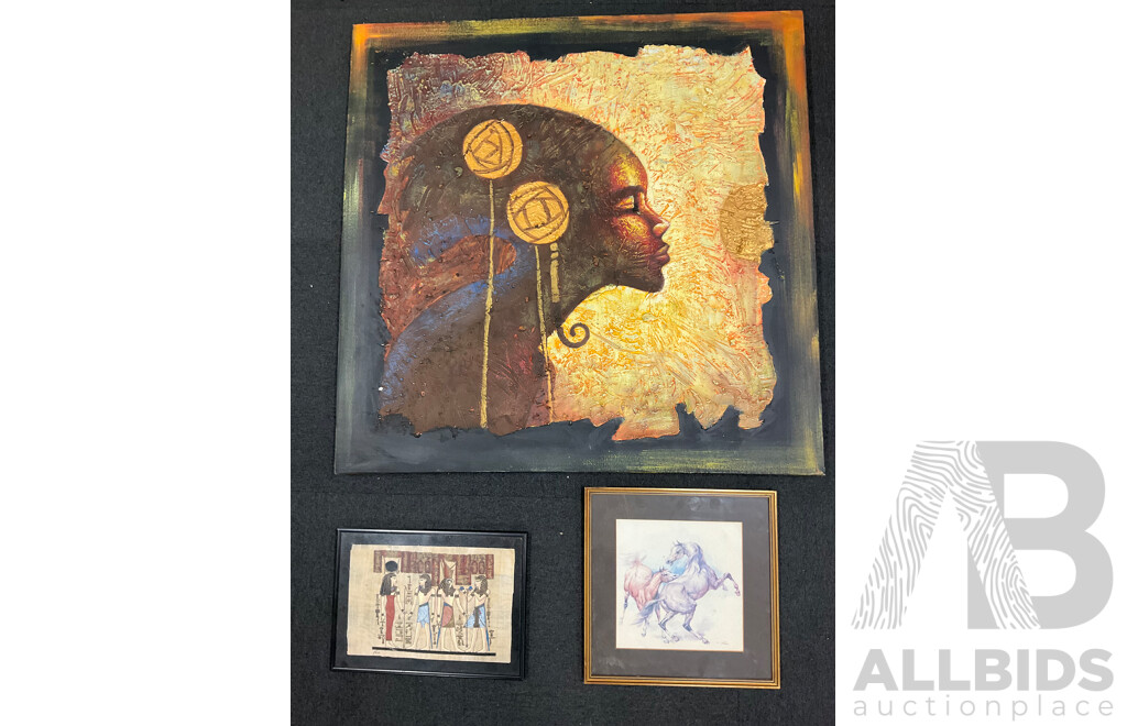 Large Mixed Media Acrylic Profile Together with Carved Side Table, Handpainted Egyptian Style Papyrus and Other Prints
