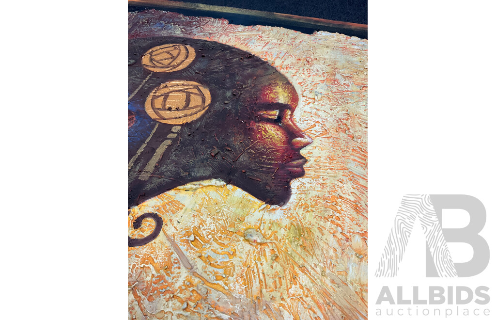 Large Mixed Media Acrylic Profile Together with Carved Side Table, Handpainted Egyptian Style Papyrus and Other Prints