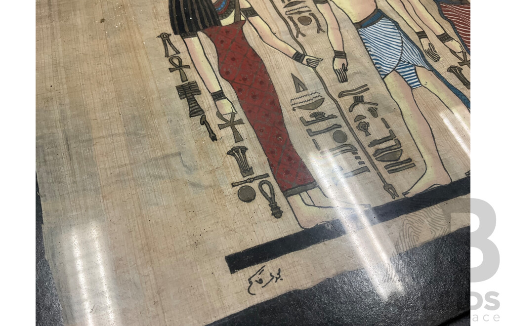 Large Mixed Media Acrylic Profile Together with Carved Side Table, Handpainted Egyptian Style Papyrus and Other Prints