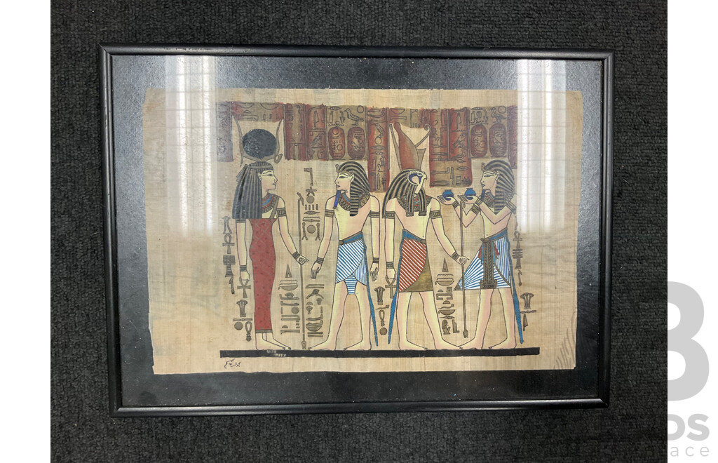 Large Mixed Media Acrylic Profile Together with Carved Side Table, Handpainted Egyptian Style Papyrus and Other Prints
