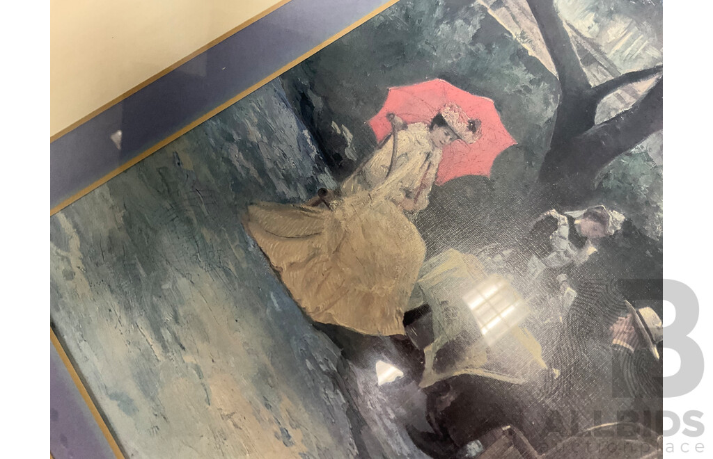 Large Mixed Media Acrylic Profile Together with Carved Side Table, Handpainted Egyptian Style Papyrus and Other Prints