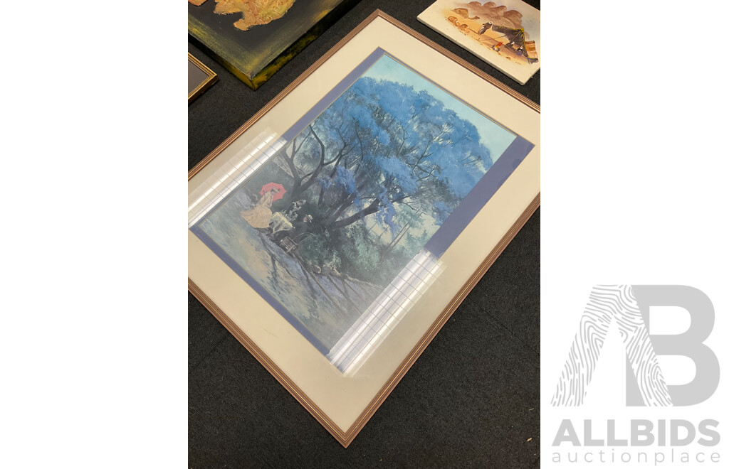 Large Mixed Media Acrylic Profile Together with Carved Side Table, Handpainted Egyptian Style Papyrus and Other Prints