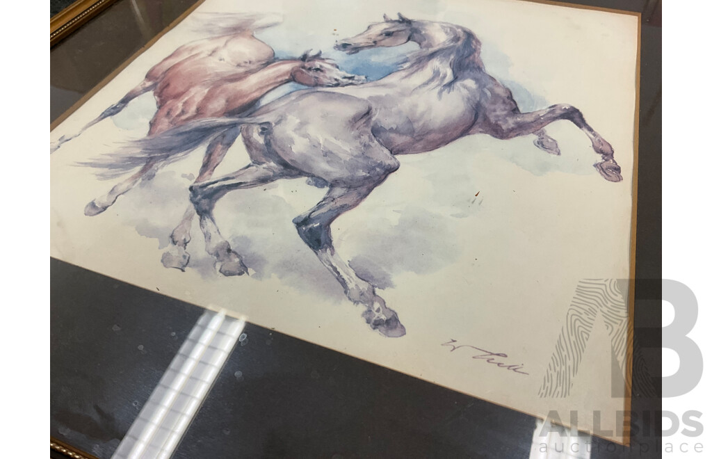 Large Mixed Media Acrylic Profile Together with Carved Side Table, Handpainted Egyptian Style Papyrus and Other Prints