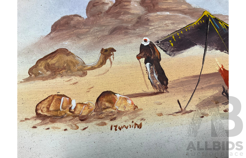 Large Mixed Media Acrylic Profile Together with Carved Side Table, Handpainted Egyptian Style Papyrus and Other Prints