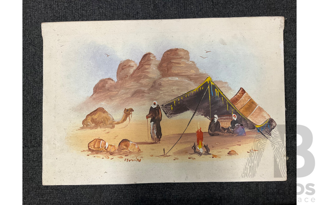 Large Mixed Media Acrylic Profile Together with Carved Side Table, Handpainted Egyptian Style Papyrus and Other Prints