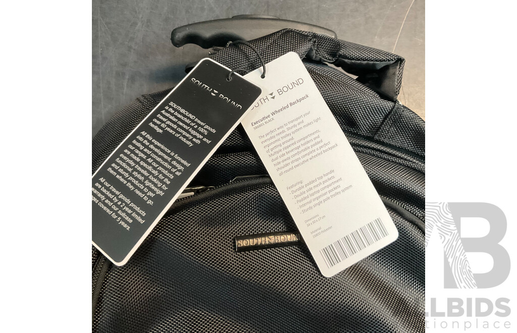 SOUTHBOUND Executive Wheeled Backpack - SB6801 Black - Lot of 6 - Estimated Total RRP $715.00