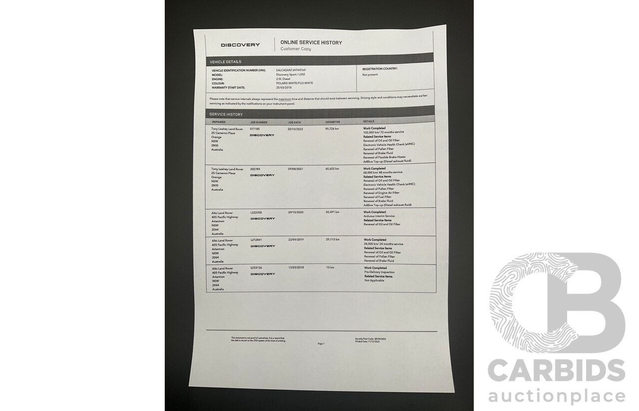 01/2018 Land Rover Discovery Sport Td4 HSE (132kW AWD) L550 MY18 4d Wagon Fuji White Turbo Diesel 2.0L - 7 Seater