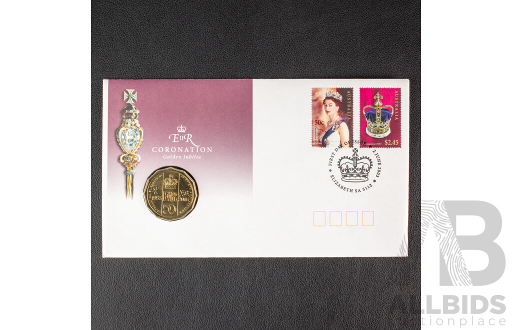 Australian 2003 RAM Fifty cent bronze coin and stamps. QE2 Coronation Golden Jubilee PNC