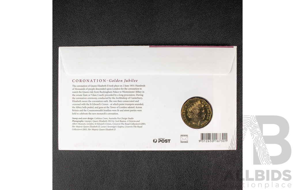 Australian 2003 RAM Fifty cent bronze coin and stamps. QE2 Coronation Golden Jubilee PNC