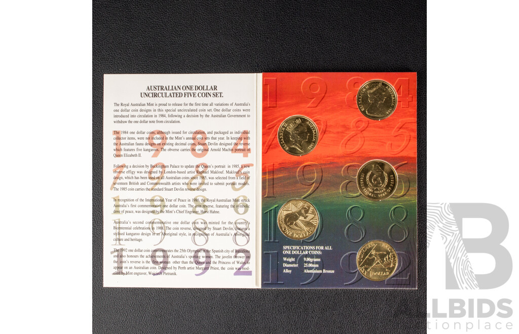 Australian 1992 Five One Dollar Coin Set. 1984, 1985, 1986, 1988, 1992