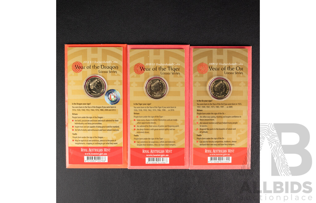Australian One Dollar Coins, Lunar Series . 2012 Dragon, 2010 Tiger. 2009 Ox.
