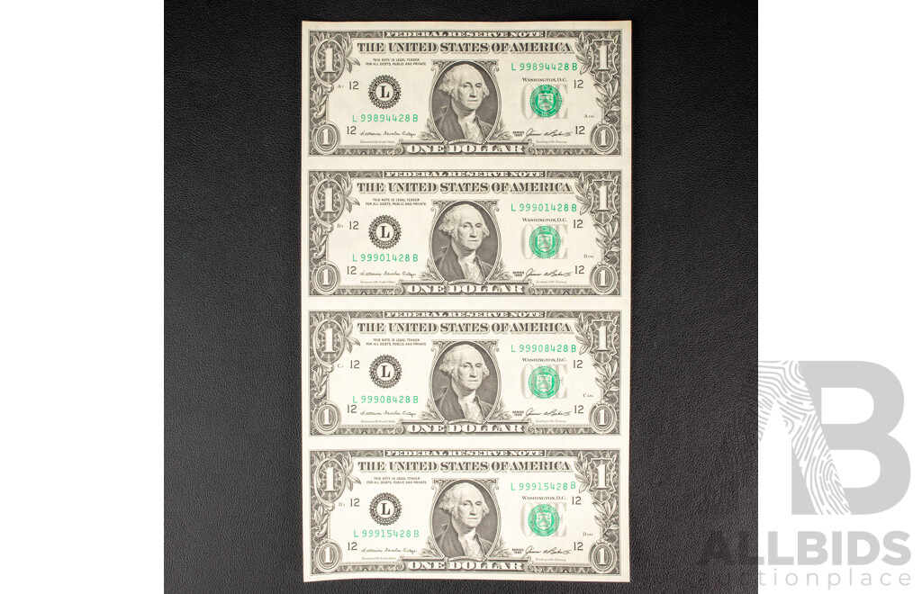 USA 1985 Sheet of Four UNC One Dollar Uncut Notes