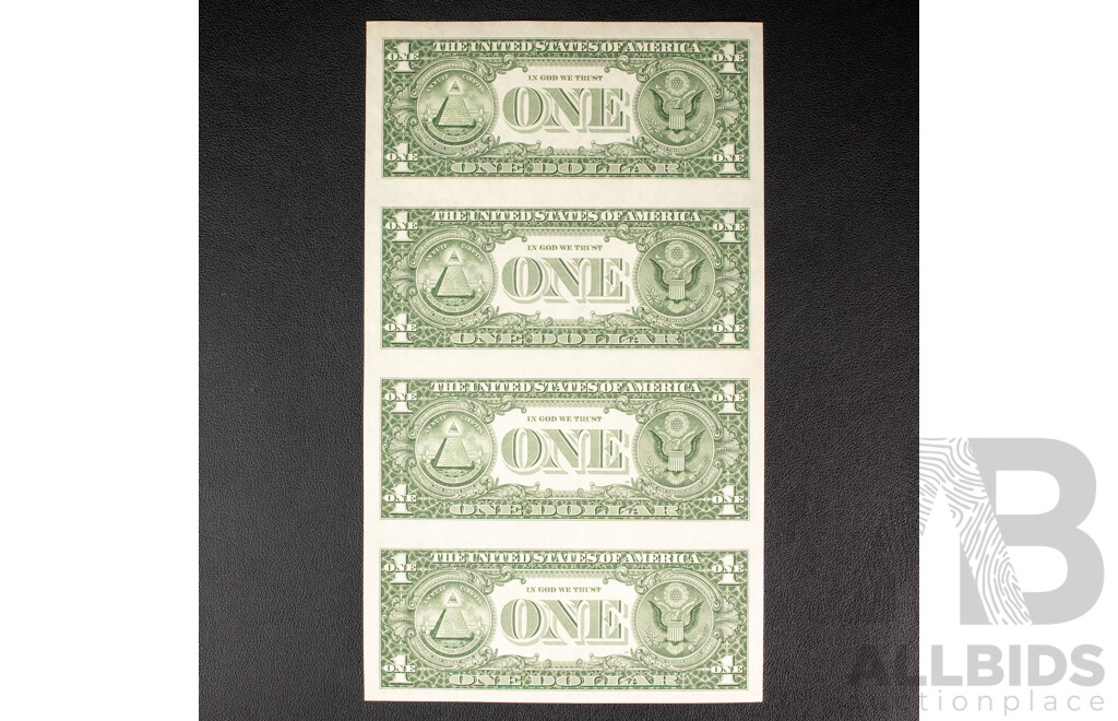 USA 1985 Sheet of Four UNC One Dollar Uncut Notes