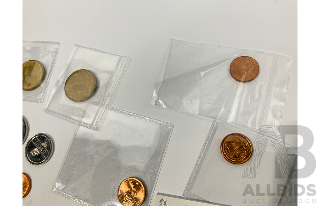 Australian UNC/High Grade One Cent Coins, Examples Spanning 1974 to 1990, Two 2005 One Dollar Coins, Making a Difference, Ecuador Five and Fifty Sucres Coins