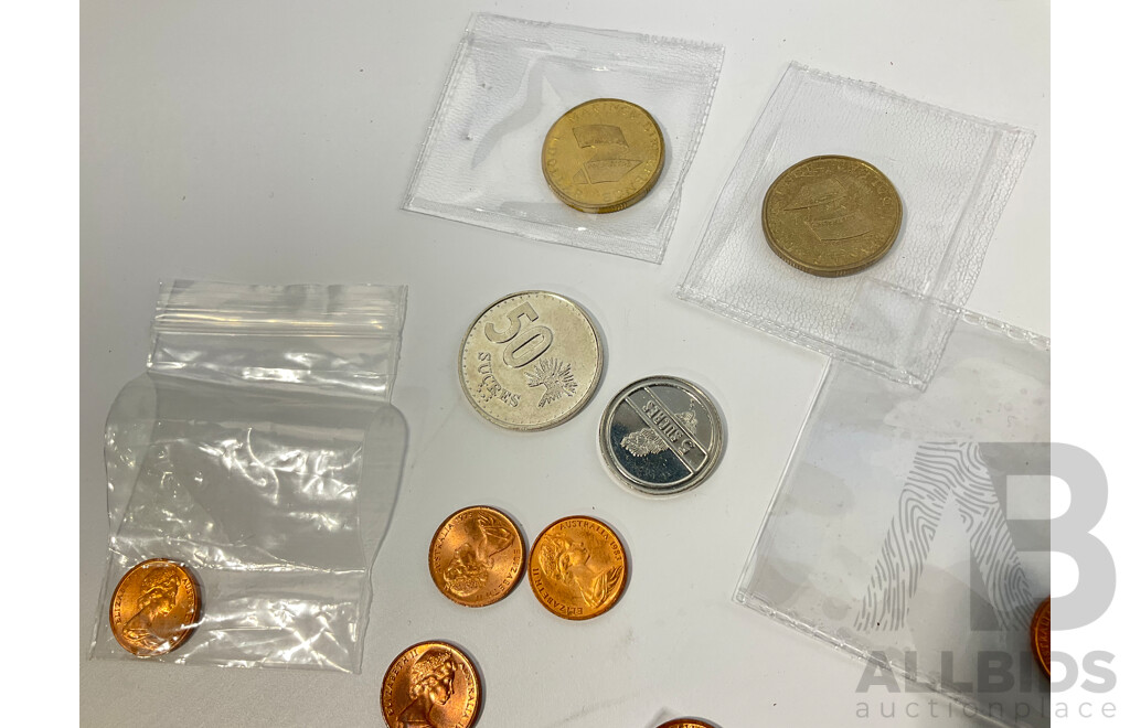 Australian UNC/High Grade One Cent Coins, Examples Spanning 1974 to 1990, Two 2005 One Dollar Coins, Making a Difference, Ecuador Five and Fifty Sucres Coins