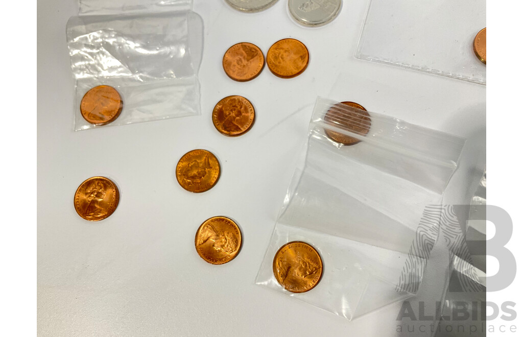 Australian UNC/High Grade One Cent Coins, Examples Spanning 1974 to 1990, Two 2005 One Dollar Coins, Making a Difference, Ecuador Five and Fifty Sucres Coins