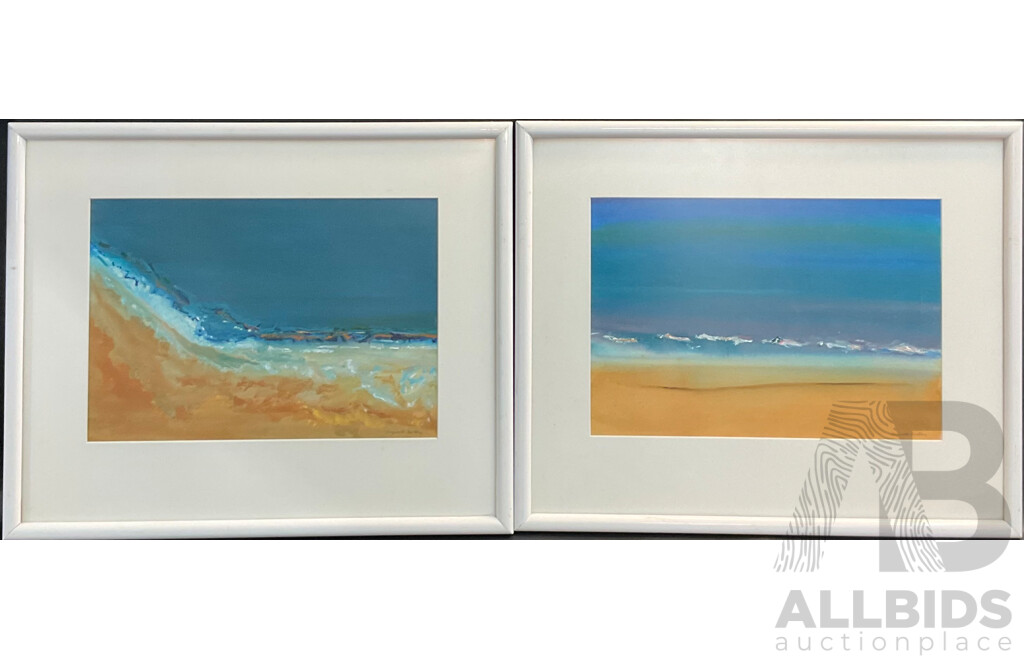 Two of Seaside Blue Ocean and Sand, Mixed Media on Board with Frame ( 56x46.5cm) by Elizabeth Boothby