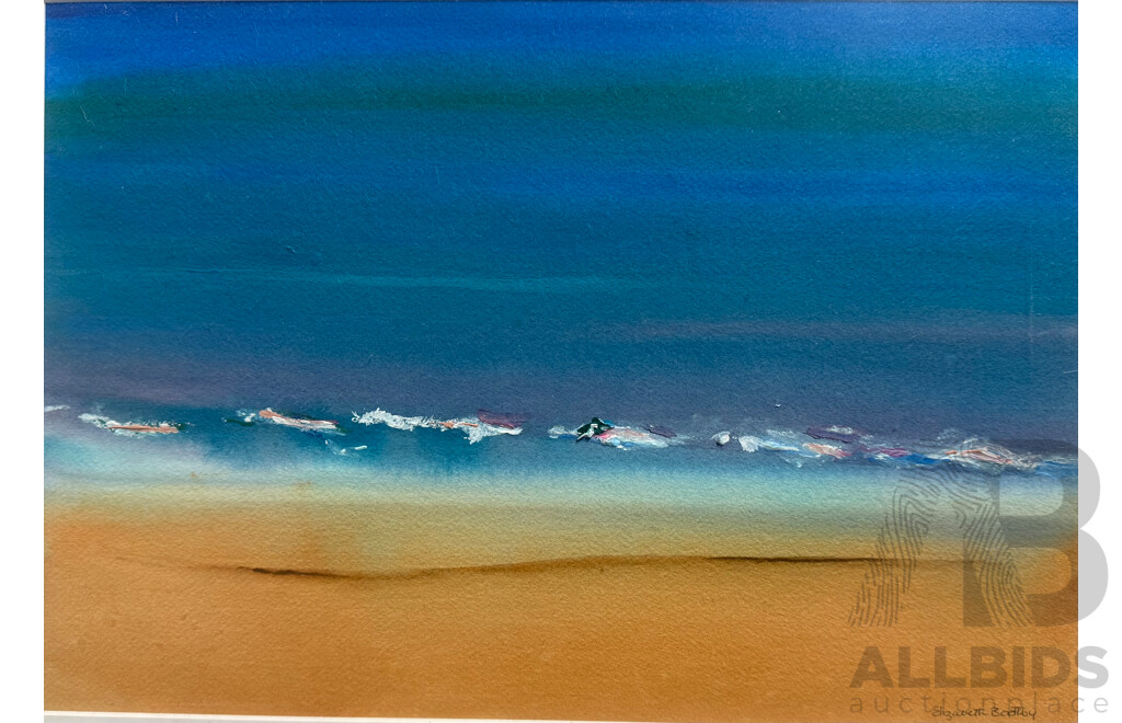 Two of Seaside Blue Ocean and Sand, Mixed Media on Board with Frame ( 56x46.5cm) by Elizabeth Boothby