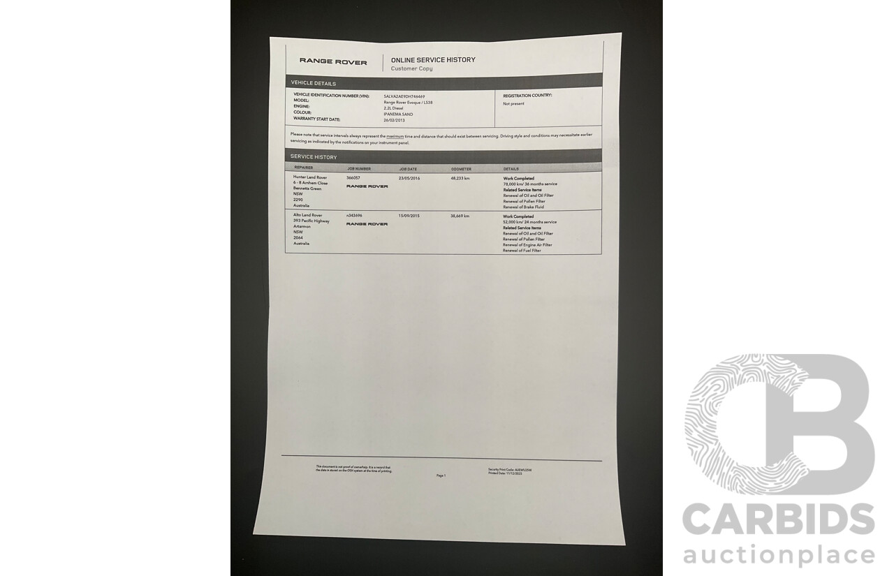 2/2013 Range Rover Evoque SD4 Prestige LV MY13 5d Wagon Ipanema Sand Metallic Turbo Diesel 2.2L