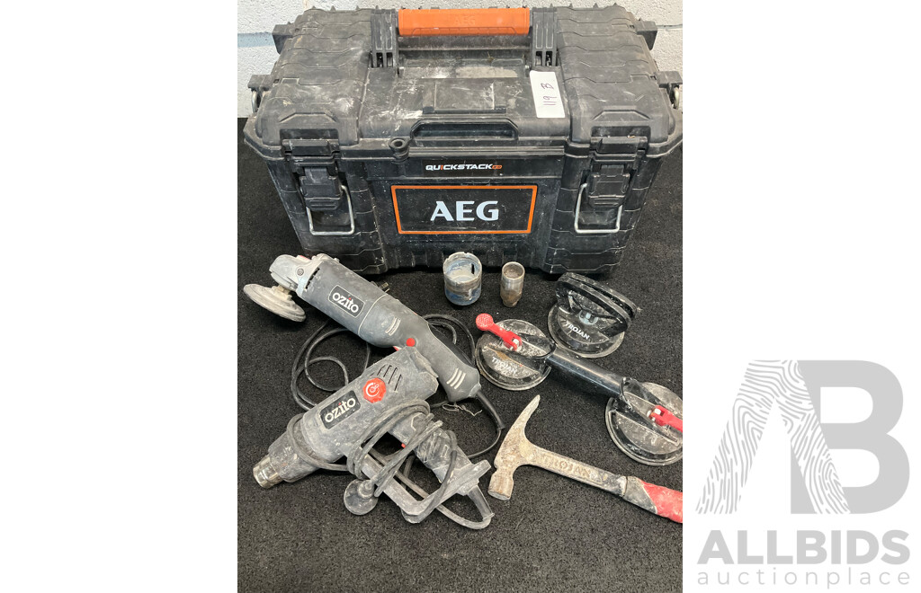 AEG Quickstack Toolbox, OZITO Angle Grinder and Heat Gun, TROJAN Suction Cups and Hammer, and Others