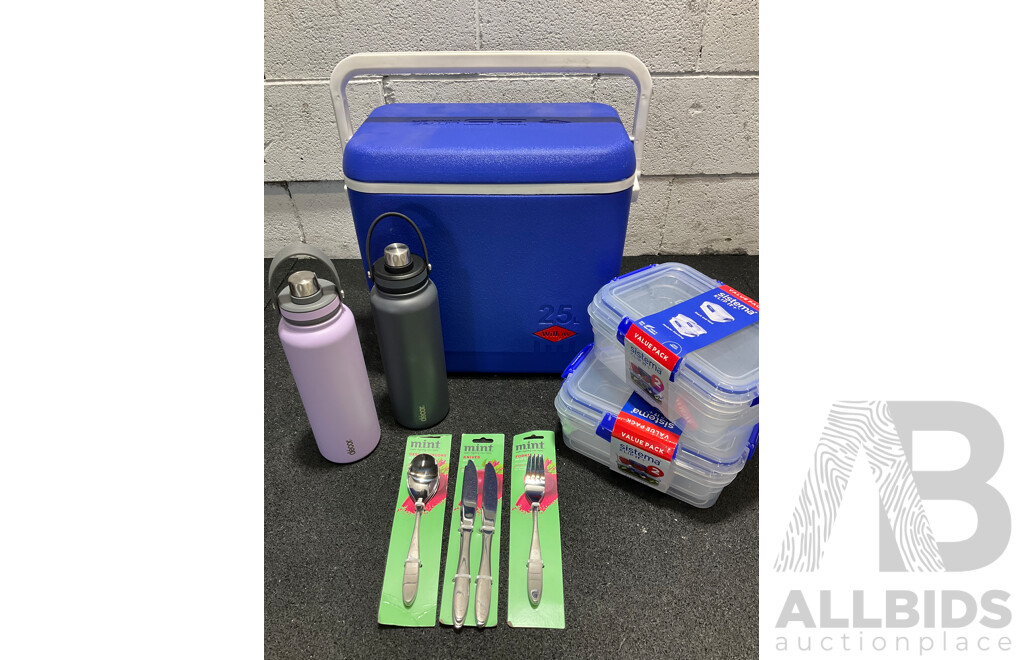 WILLOW 25L Cooler, DECOR Insulated Bottles, Cutlery Set and SISTEMA Storage Containers - Lot of 8