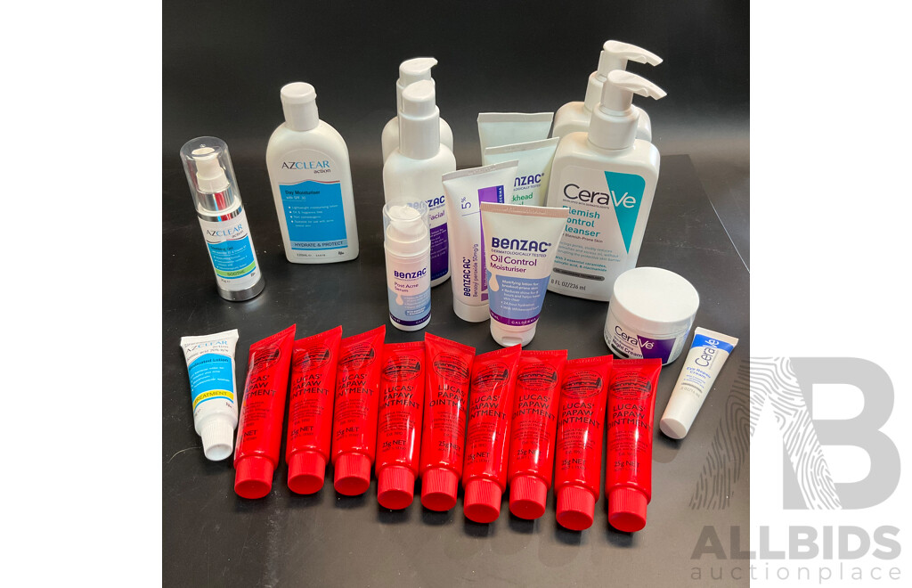 Assorted Skincare Products Included CeraVe, AZclear, Benzac and Luca's Papaw Ointment - Lot of 23