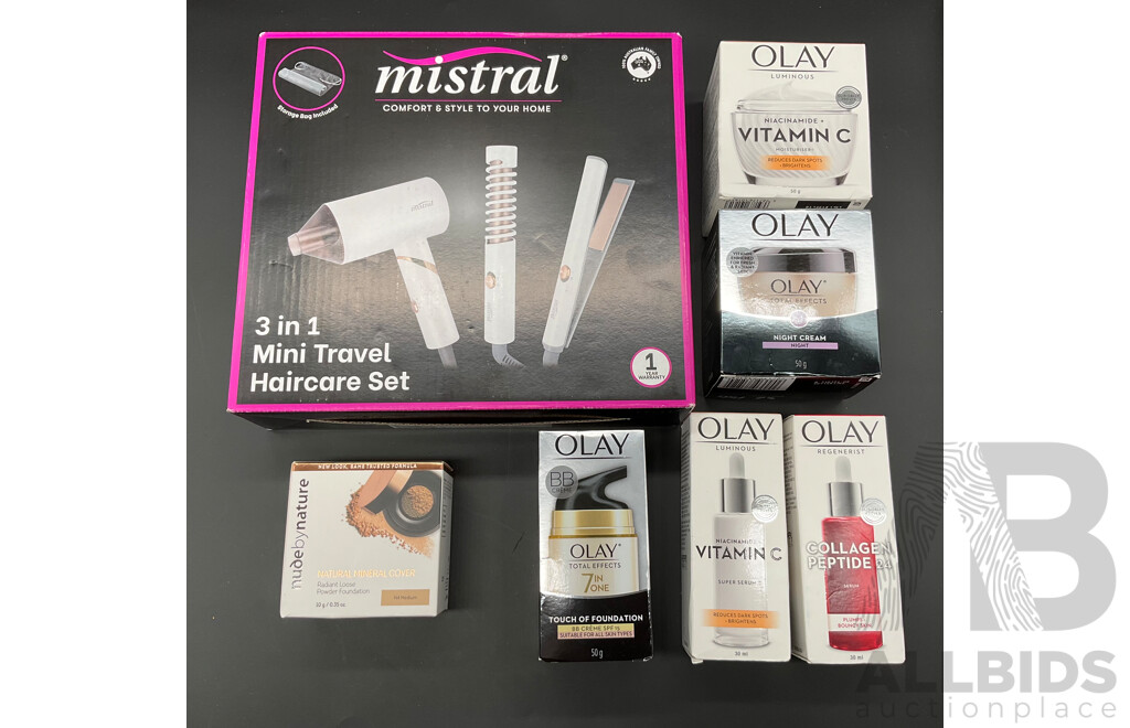 OLAY Various Skincare Products, NUDE by NATURE Mineral Powder Foundation and MISTRAL 3 in 1 Mini Travel Haircare Set - Lot of 7