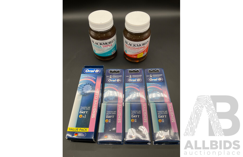 ORAL-B Sensitive Clean Electric Toothbrush Heads and BLACKMORES Omega Triple and Glucosamine Supplements - Lot of 6