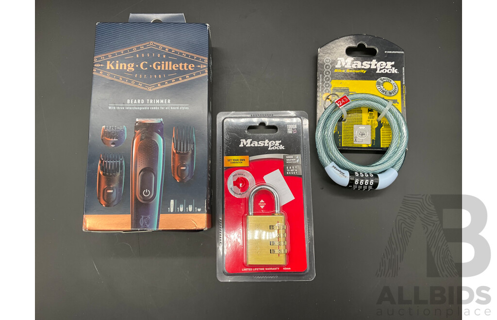 KING C. GILLETTE Beard Trimmer Kit, MASTER LOCK Padlock and Cable Lock - Lot of 3