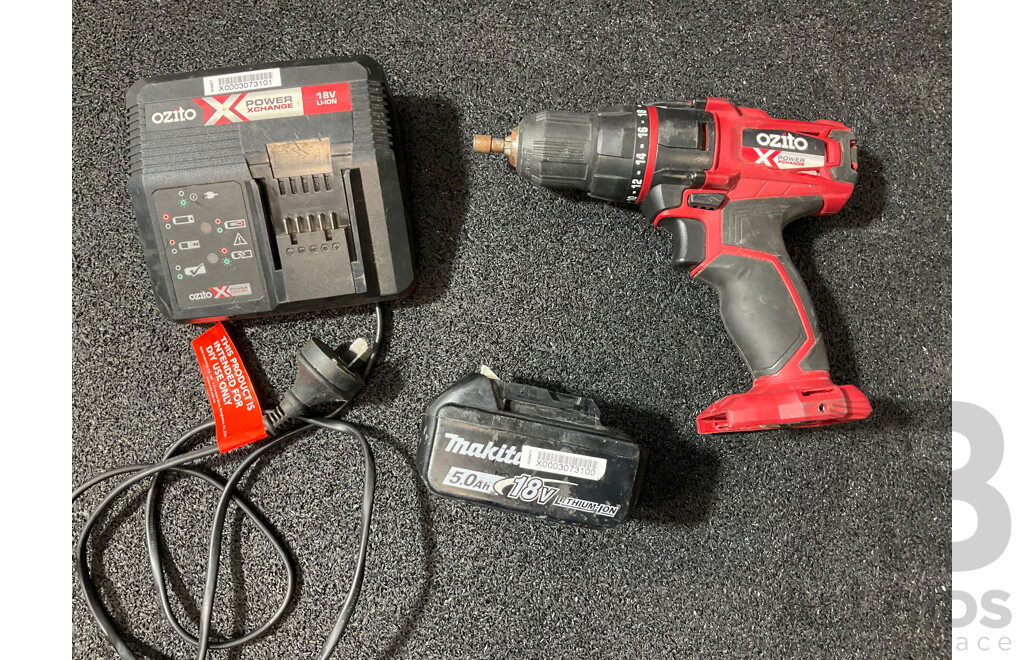 MAKITA 5.0Ah Battery, OZITO Battery Charger and Drill Driver and WIHA SlimBit Screwdriver  - Lot of 4