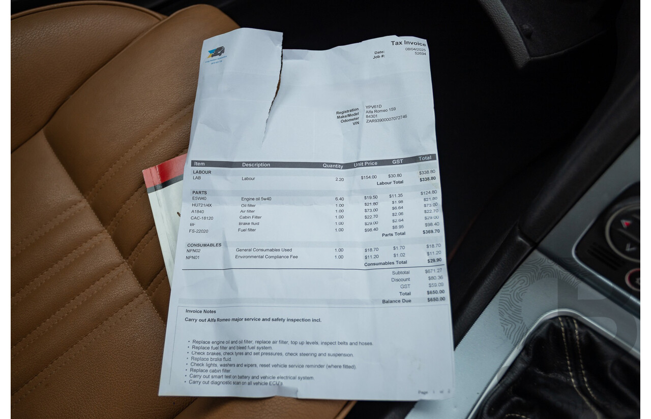 8/2007 Alfa Romeo 159 JTD FWD  4D Sedan Alfa Black Turbo Diesel 2.4L