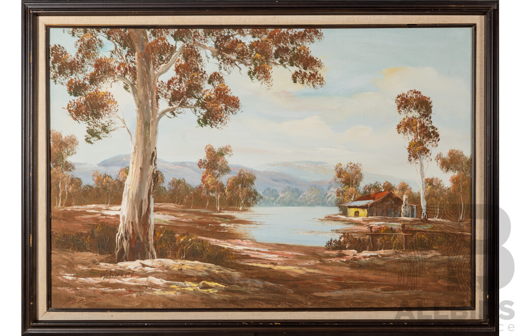 Artists Unknown (20th Century), Lone Boat & Cottage by the Water, Lovely Pair of Vintage Landscapes, Oil on Masonite & Acrylic on Canvas, 72 x 103 cm (largest frame) (2)