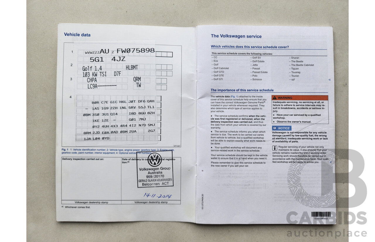 10/2014 Volkswagen Golf 103 TSI Highline AU MY14 5d Hatchback White 1.4L