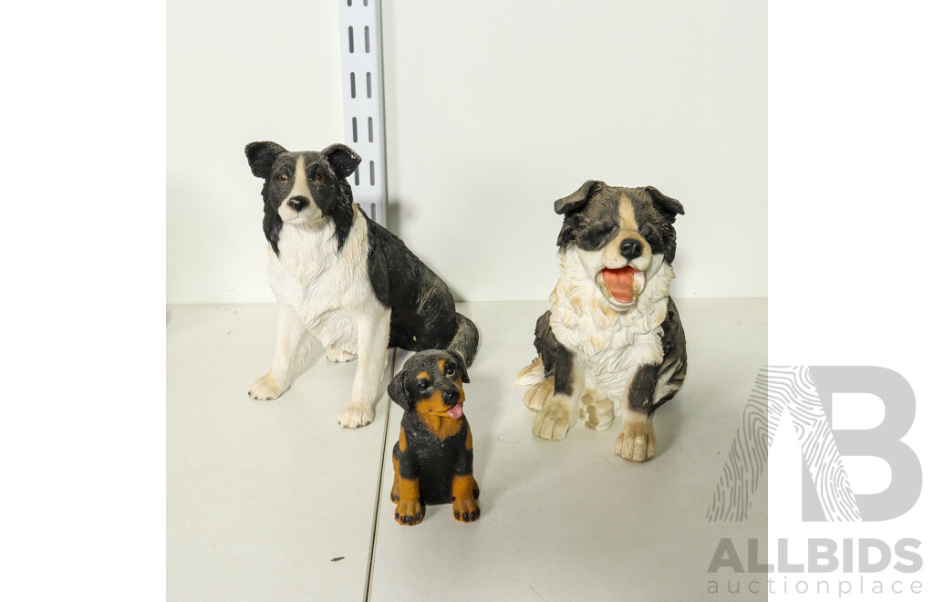 Set of 3 Resin Dog Statue of 2 Border Collies and Rottweiler