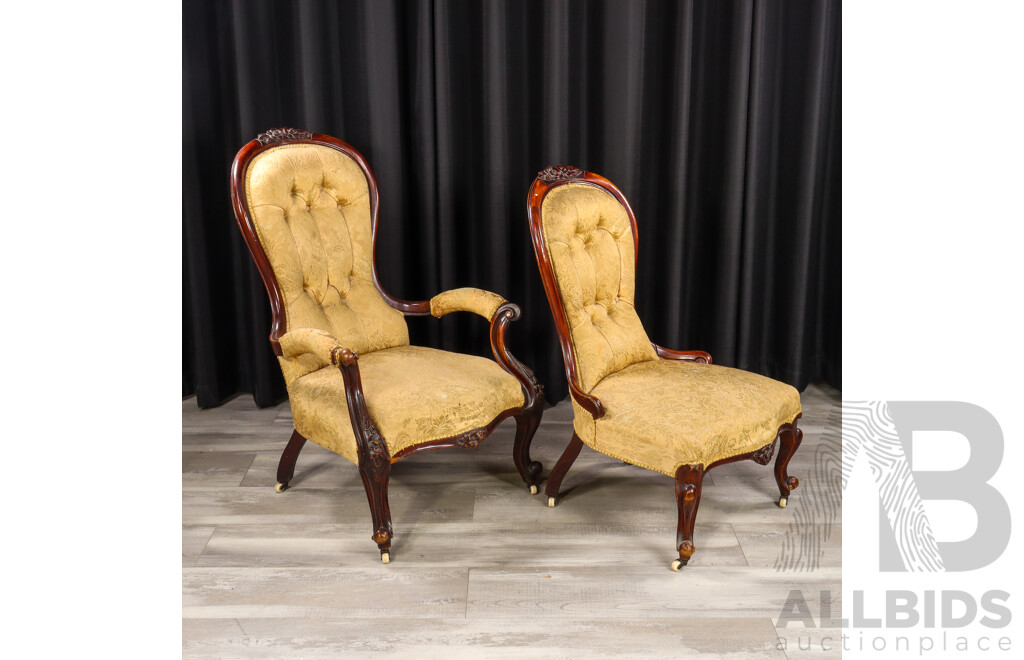 Pair of Victroian Mahogany Grandmother/Grandfather Chairs with Brocade Upholstery