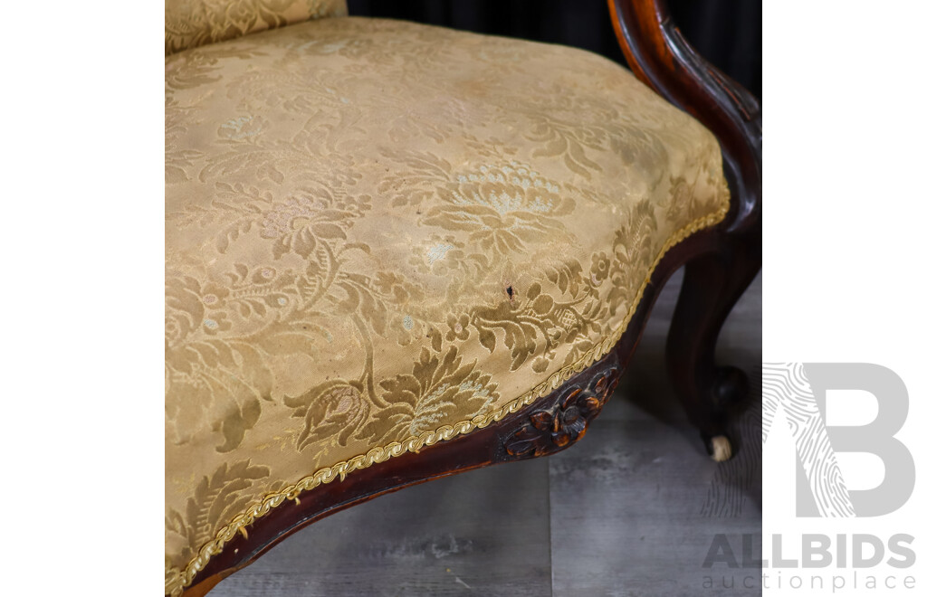 Pair of Victroian Mahogany Grandmother/Grandfather Chairs with Brocade Upholstery