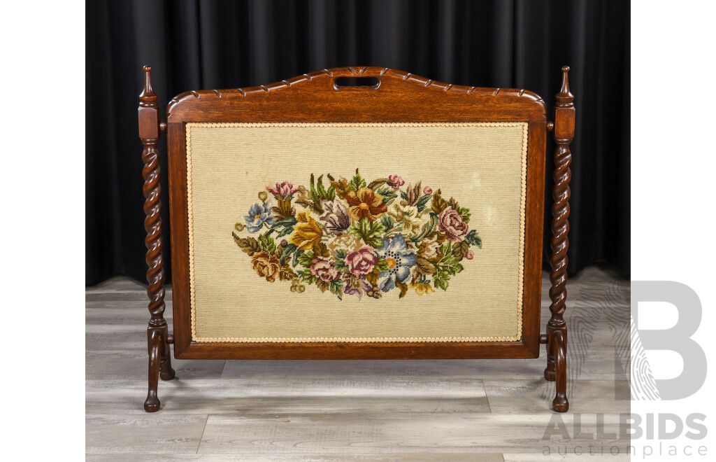 Edwardian Oak Tapestry Front Spark Screen