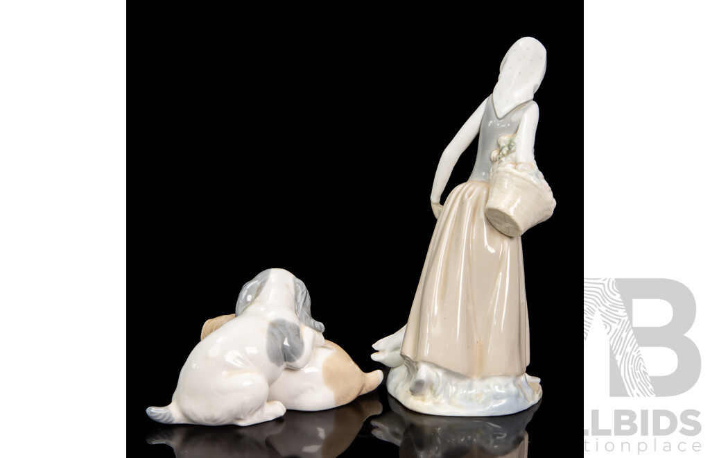 Two NAO by Lladro Porcelain Figurine of Girl Feeding Goose and Two Puppies